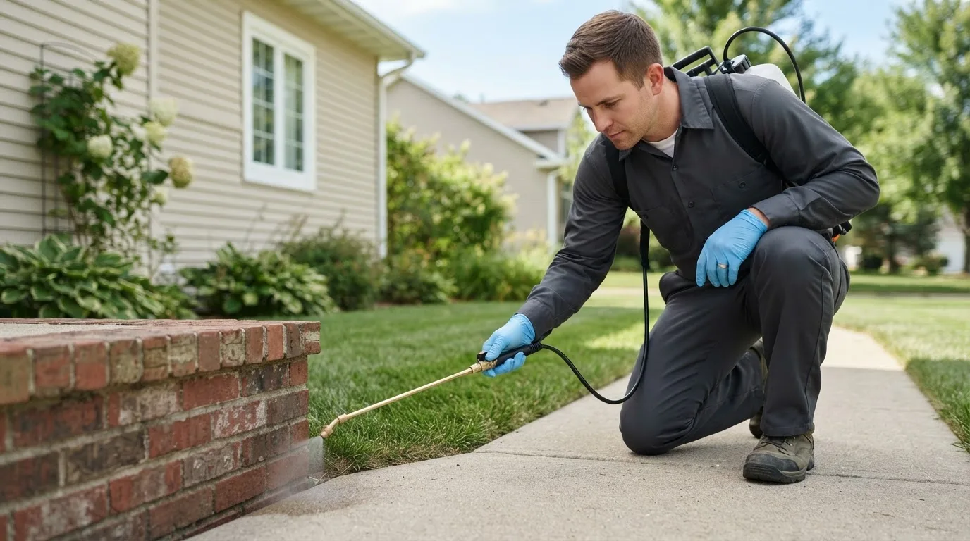 Pest control technician treating a home near Westwood, MA