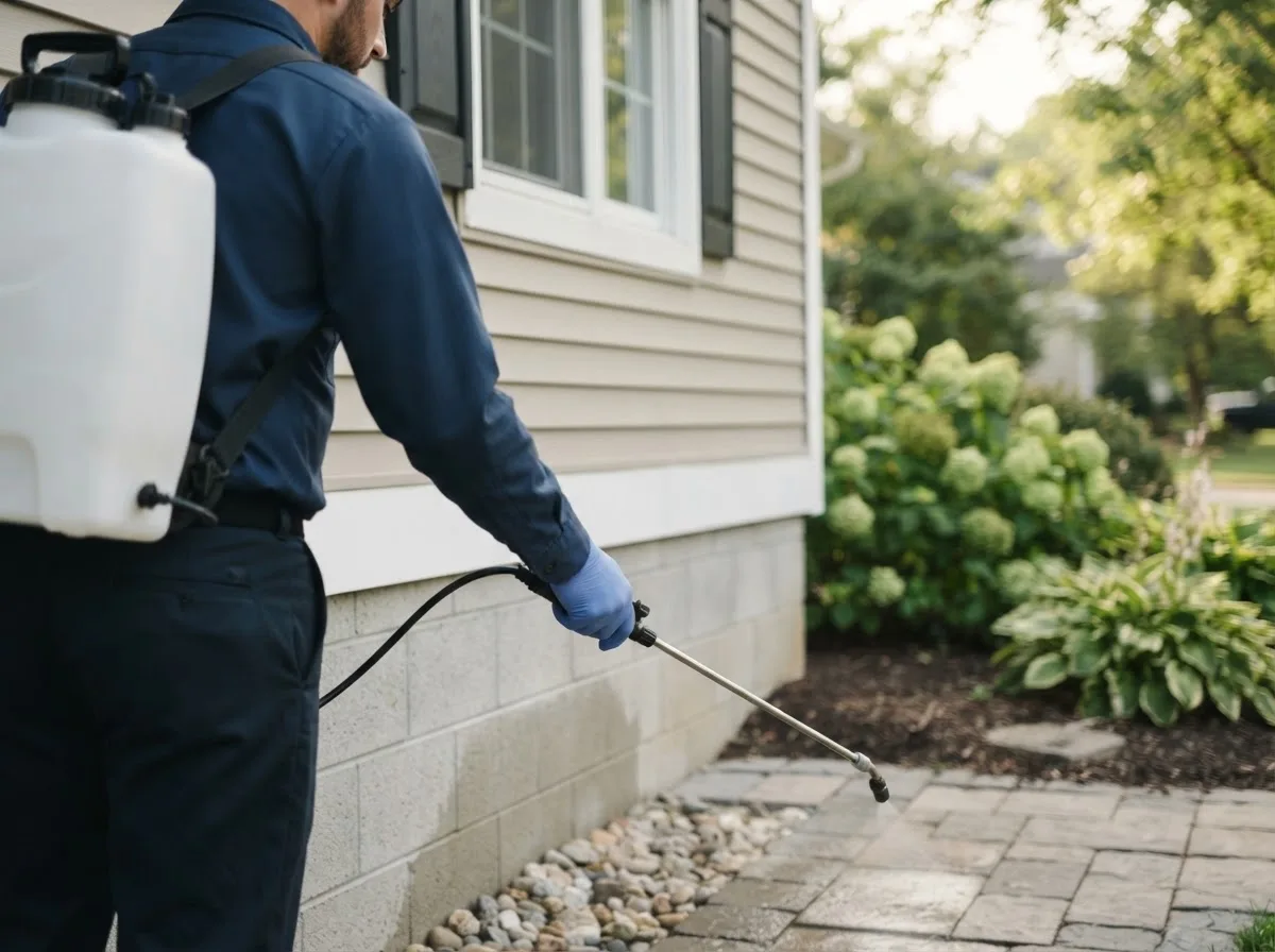 Pest control technician inspecting a home in Westwood, MA